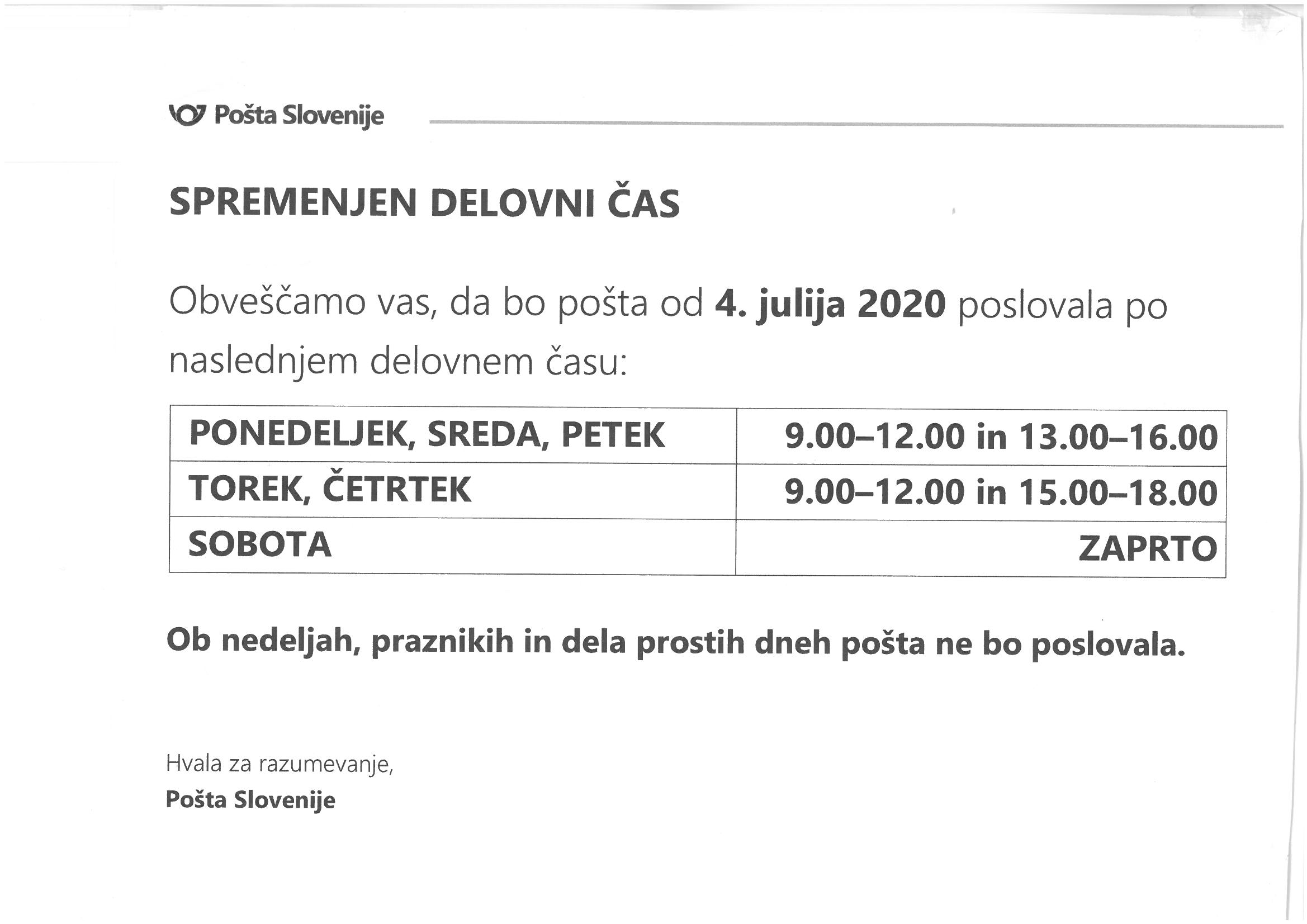 Spremenjen delovni čas Pošte Straža